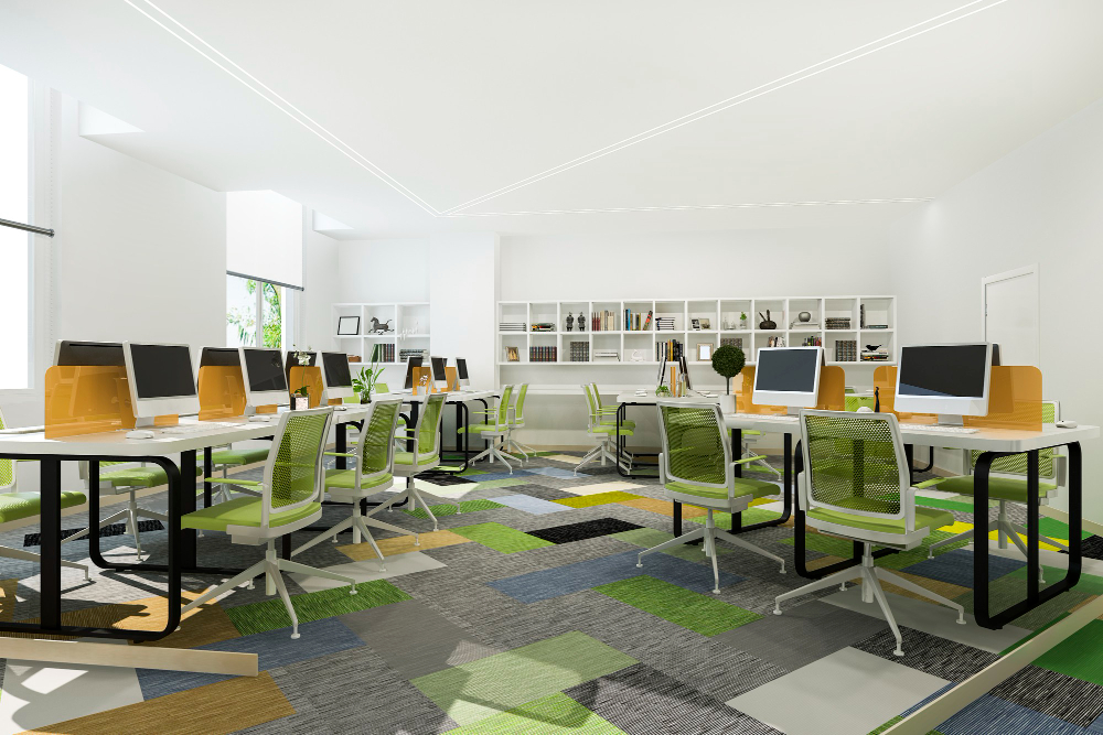 Modern office interior design featuring open layouts, ergonomic furniture, and collaborative work zones.