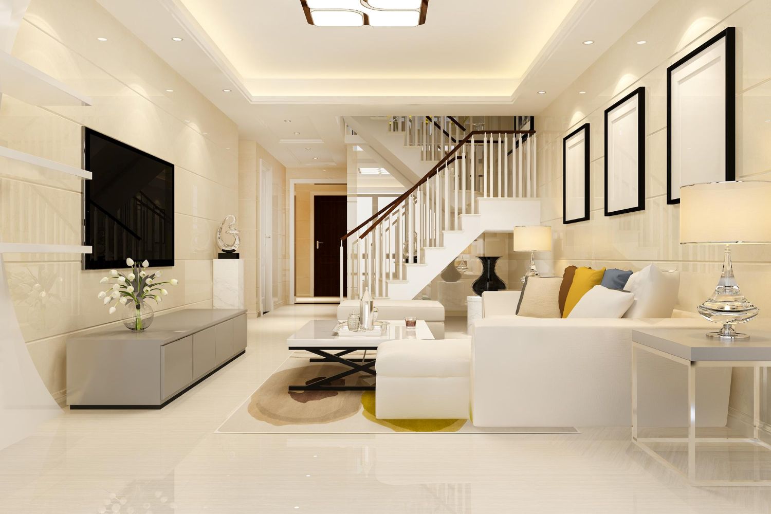Modern luxury living room designed by an architecture and interior design company Noida, featuring a bright cream-toned space with a sleek staircase, elegant sofa seating, wall-mounted TV, contemporary lighting.